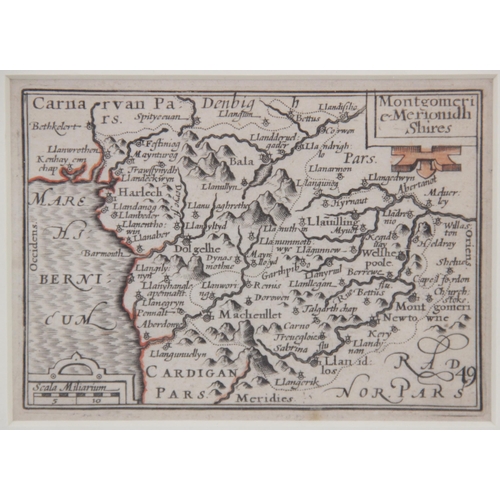 239 - After John Speed (1551-1629), 
A hand coloured map of Montgomeryshire and Merionethshire, 
9cm x 12.... 