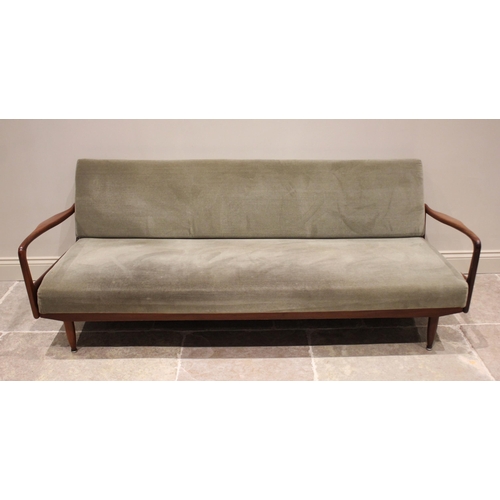 763 - A Danish style rosewood open framed sofa bed, mid 20th century, the sage velour upholstered seat and... 