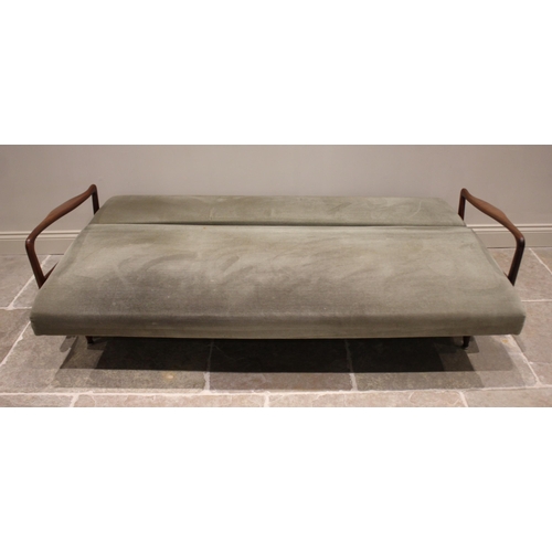 763 - A Danish style rosewood open framed sofa bed, mid 20th century, the sage velour upholstered seat and... 