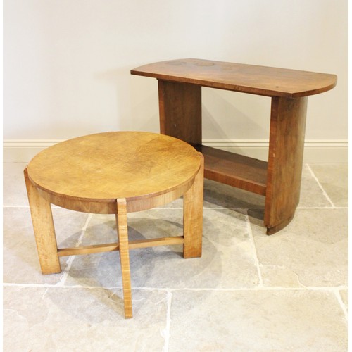 743 - A 1930's Art Deco figured walnut occasional table, the quarter veneered top raised upon plain trestl... 