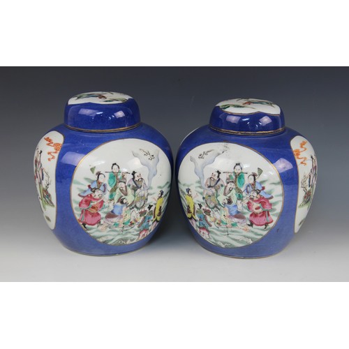 450 - A pair of Chinese 'Ba Xian' powder blue ginger jars and covers, 19th century, each of ovoid form and... 