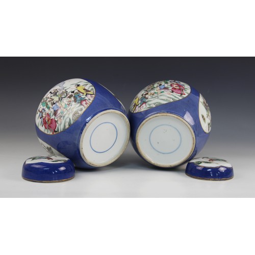 450 - A pair of Chinese 'Ba Xian' powder blue ginger jars and covers, 19th century, each of ovoid form and... 