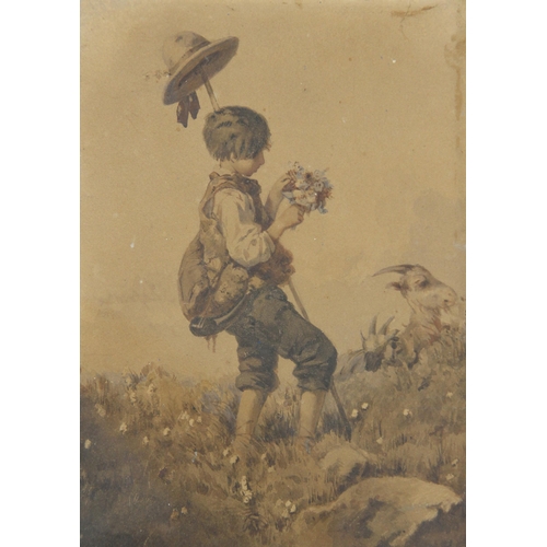 354 - Dutch School (19th century), 
Study of a goatherd picking flowers, 
Watercolour on paper, 
Unsigned,... 