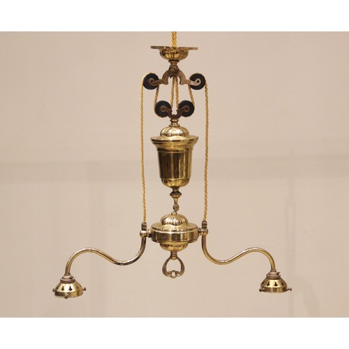 603 - A Christopher Wray brass two branch rise and fall pendant light fitting, late 20th century, complete... 