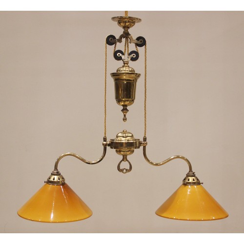 603 - A Christopher Wray brass two branch rise and fall pendant light fitting, late 20th century, complete... 