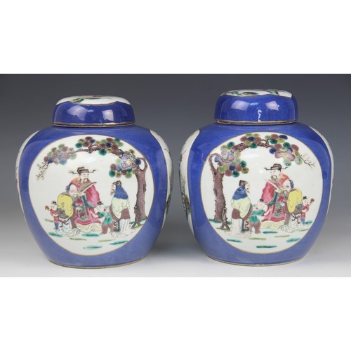 450 - A pair of Chinese 'Ba Xian' powder blue ginger jars and covers, 19th century, each of ovoid form and... 