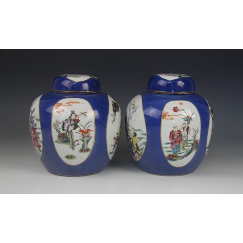 450 - A pair of Chinese 'Ba Xian' powder blue ginger jars and covers, 19th century, each of ovoid form and... 