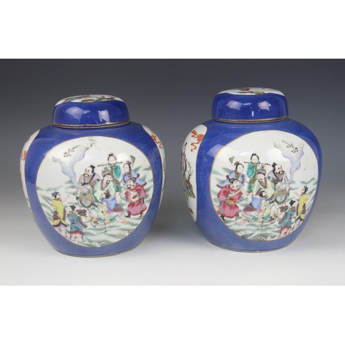 450 - A pair of Chinese 'Ba Xian' powder blue ginger jars and covers, 19th century, each of ovoid form and... 