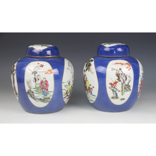 450 - A pair of Chinese 'Ba Xian' powder blue ginger jars and covers, 19th century, each of ovoid form and... 