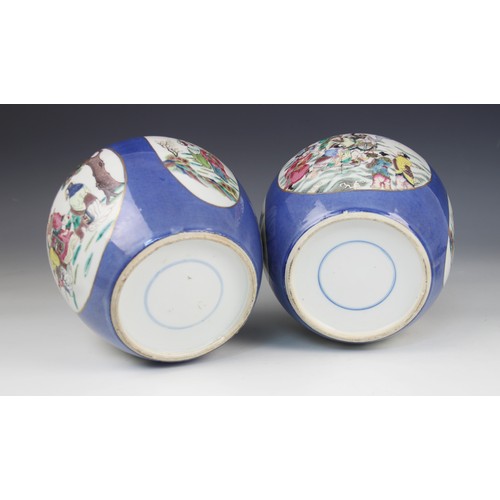 450 - A pair of Chinese 'Ba Xian' powder blue ginger jars and covers, 19th century, each of ovoid form and... 