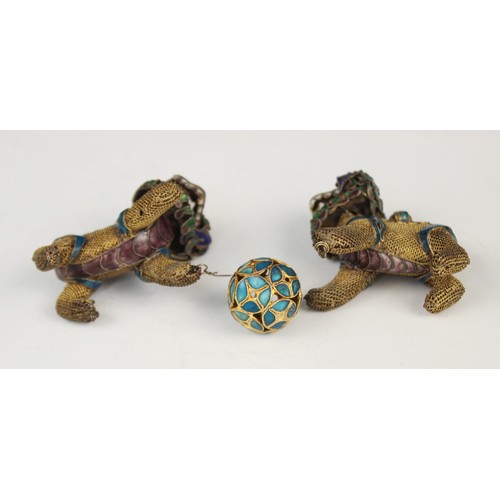 462 - A selection of Eastern objects of virtue to include a pair of wirework and enamel dogs of fo, 4cm hi... 