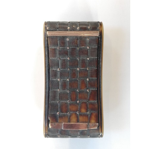 179 - A 19th century tortoiseshell snuff box, of curved rectangular form with chequered decoration, applie... 