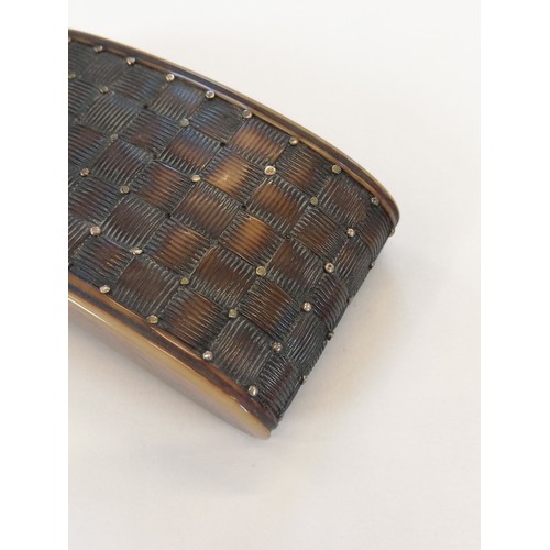 179 - A 19th century tortoiseshell snuff box, of curved rectangular form with chequered decoration, applie... 