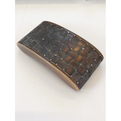 179 - A 19th century tortoiseshell snuff box, of curved rectangular form with chequered decoration, applie... 