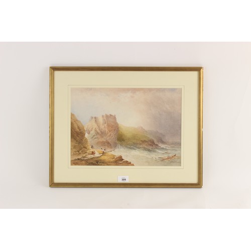 309 - E.W. Cooke (British, 1811-1880),
Cornish shipwreck scene,
Watercolour on paper,
Monogrammed and date... 