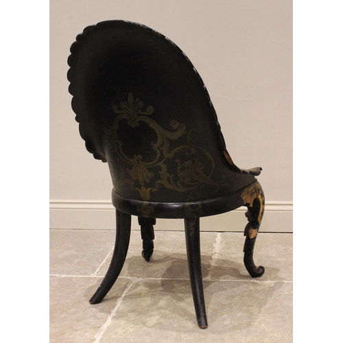 702 - A Victorian papier mache side chair, the arched back with a back swept scalloped rim, applied with g... 