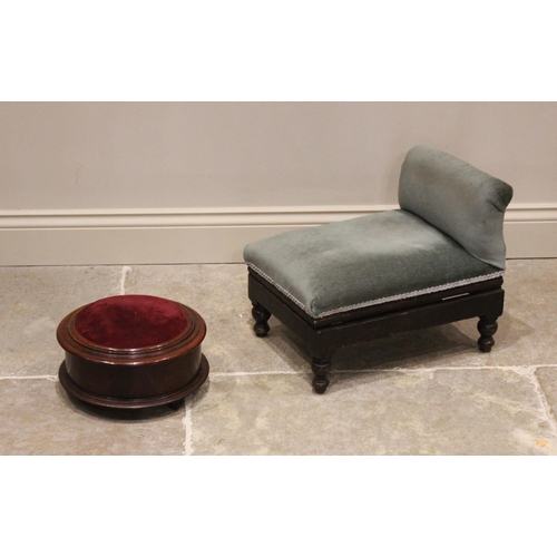 705 - A Victorian mahogany footstool, of drum form with an upholstered hinged top opening to a vacant inte... 