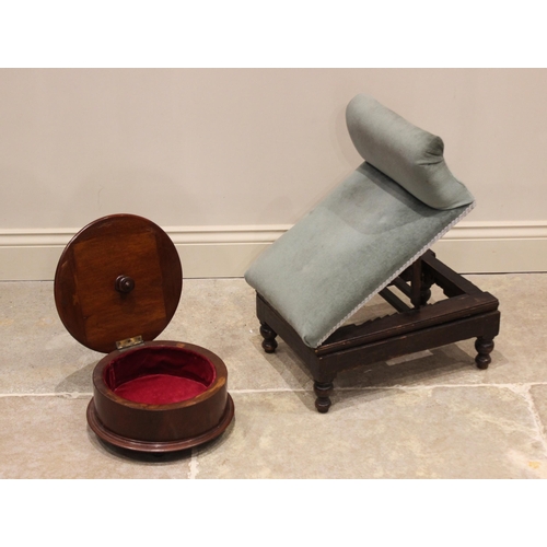 705 - A Victorian mahogany footstool, of drum form with an upholstered hinged top opening to a vacant inte... 