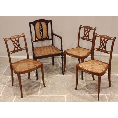 719 - A Trio of Edwardian Sheraton revival satinwood bedroom chairs, each with an openwork lattice back ap... 