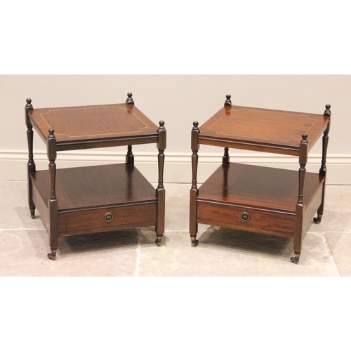 740 - A pair of mahogany bedside/lamp tables, late 20th century, the square crossbanded tops raised upon s... 