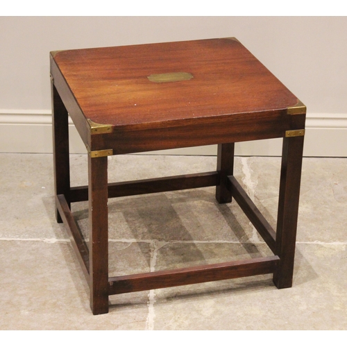 743 - A campaign style mahogany lamp table, late 20th century, the square top centred with an inlaid brass... 