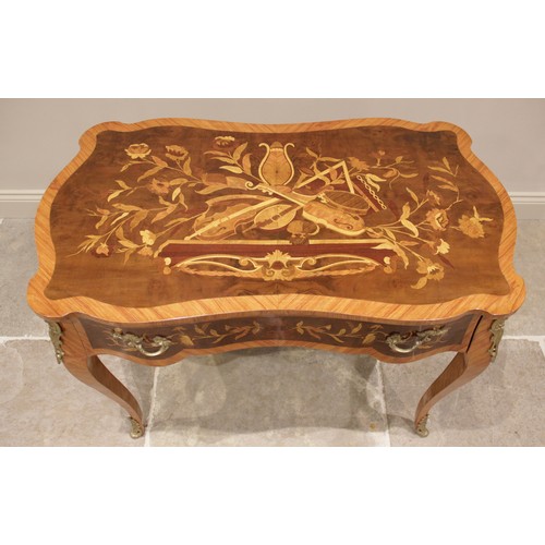 690 - A Louis XVI style marquetry side table, late 20th century, the serpentine shaped top with marquetry ... 