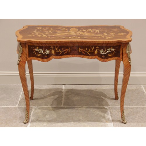 690 - A Louis XVI style marquetry side table, late 20th century, the serpentine shaped top with marquetry ... 