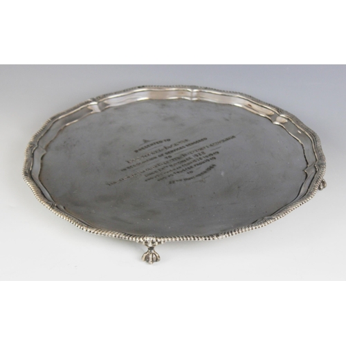 2 - A silver presentation salver, Adie Brothers, Birmingham 1961, of circular form with shaped gadroon b... 