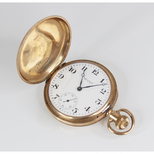 46 - A George V 9ct gold Waltham full hunter pocket watch, the white enamel dial with Arabic numerals and... 