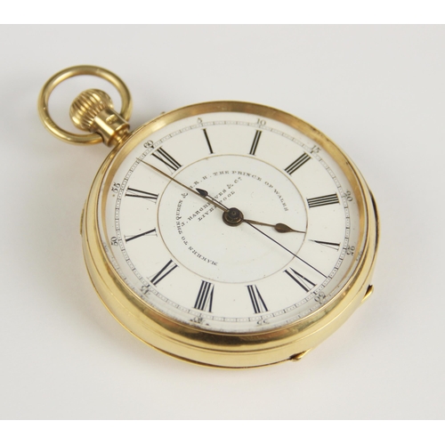 51 - An 18ct gold open faced chronograph pocket watch, signed J. Hargreaves & Co Liverpool, the white ena... 