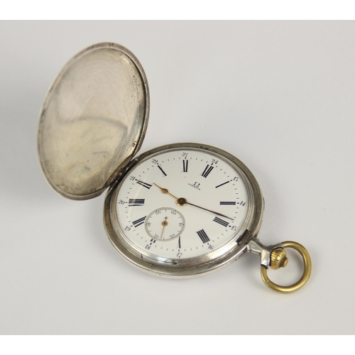 52 - An Omega full hunter pocket watch, the round white dial with Roman numerals and subsidiary seconds d... 