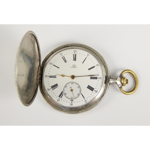 52 - An Omega full hunter pocket watch, the round white dial with Roman numerals and subsidiary seconds d... 