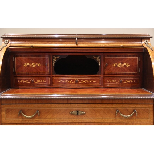 674 - A Louis XV style kingwood and rosewood veneered cylinder bureau de dame, late 20th century, the foli... 