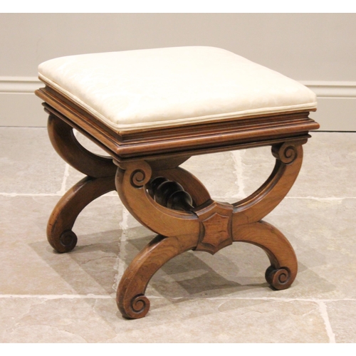 675 - A Victorian walnut 'X' frame stool, later re-covered in damask fabric, the upholstered hinged seat r... 