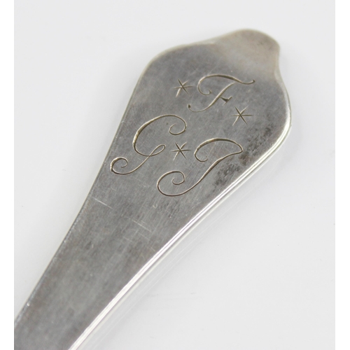 7 - A late 17th/early 18th century silver trefid rattail spoon, engraved initials to terminal F*J*G*, ha... 