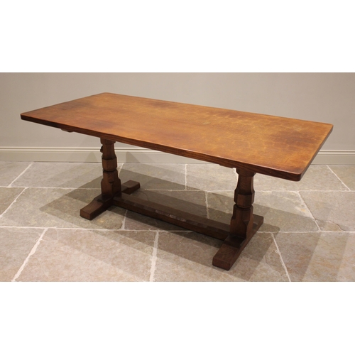 730 - Robert 'Mouseman' Thompson of Kilburn, honey oak refectory table, mid 20th century, the adzed rectan... 