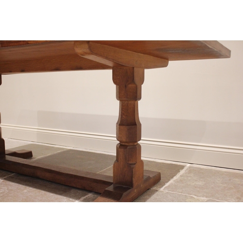 730 - Robert 'Mouseman' Thompson of Kilburn, honey oak refectory table, mid 20th century, the adzed rectan... 