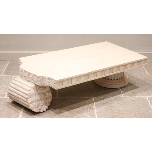 734 - A mid 20th century neo-classical simulated marble coffee table, the composite slab top raised upon G... 