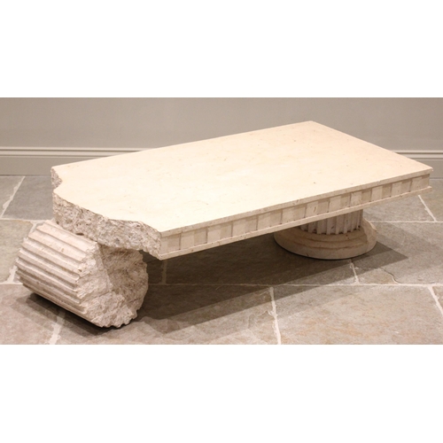 734 - A mid 20th century neo-classical simulated marble coffee table, the composite slab top raised upon G... 