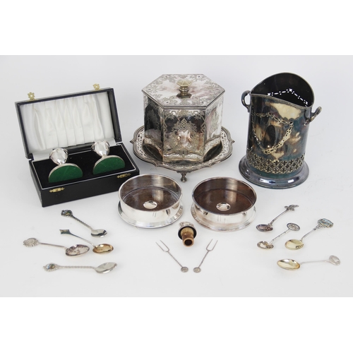 38 - A selection of silver and silver coloured tableware, to include a Victorian biscuit barrel, of hexag... 