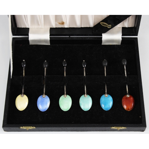 6 - A cased set of six silver and enamel coffee spoons, Henry Clifford Davis, Birmingham 1953, each oval... 