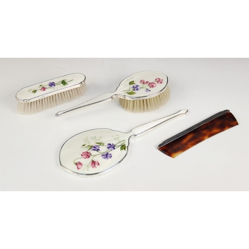 30 - A part silver and enamel dressing table set, Henry Clifford Davis, London 1951-52, comprising; a han... 