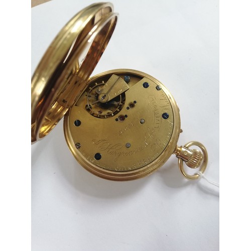 51 - An 18ct gold open faced chronograph pocket watch, signed J. Hargreaves & Co Liverpool, the white ena... 