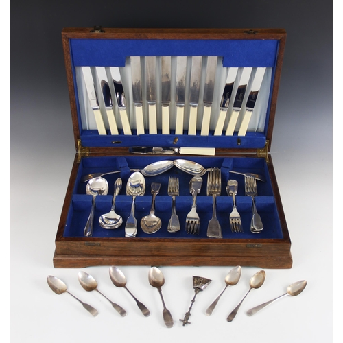 103 - An assembled canteen of plated cutlery, comprising dinner forks, salad forks, table spoons, soup spo... 