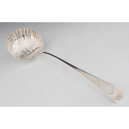38 - A George III silver ladle, Thomas Evans & George Smith III, London 1770, fluted shell bowl with Old ... 