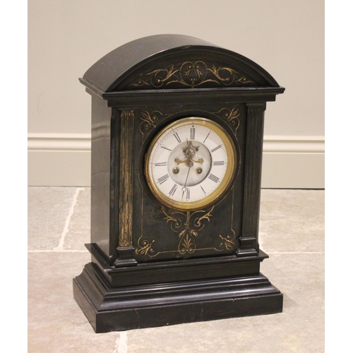 572 - A large Victorian slate mantel clock, the arched architectural case with fluted pilasters flanking t... 