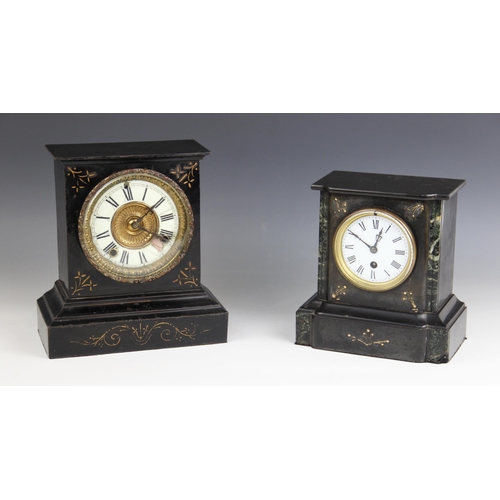 572 - A large Victorian slate mantel clock, the arched architectural case with fluted pilasters flanking t... 