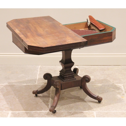 599 - A George IV mahogany and rosewood cross banded card table, the rectangular hinged top with canted fr... 