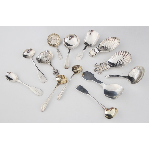 62 - A selection of George III and later silver caddy spoons and teaspoons, to include an Irish silver ca... 