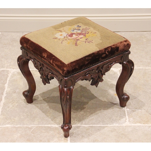 625 - A William IV mahogany dressing stool, the square tapestry seat raised upon leaf carved cabriole legs... 